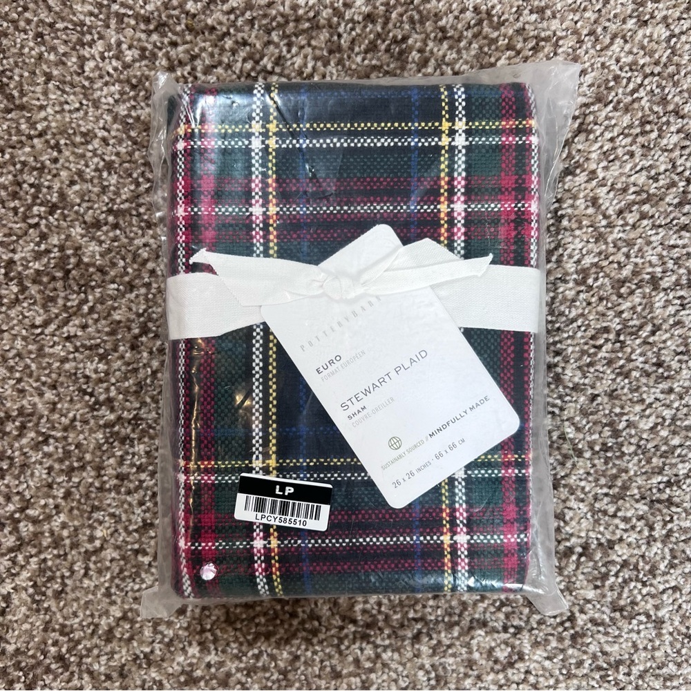Pottery Barn Euro Sham Stewart Plaid Multicolor 26 x 26 Inch Pillow Cover NWT